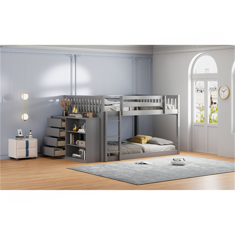 Lit superposé double avec 4 tiroirs et 3 tablettes - gris, Gris