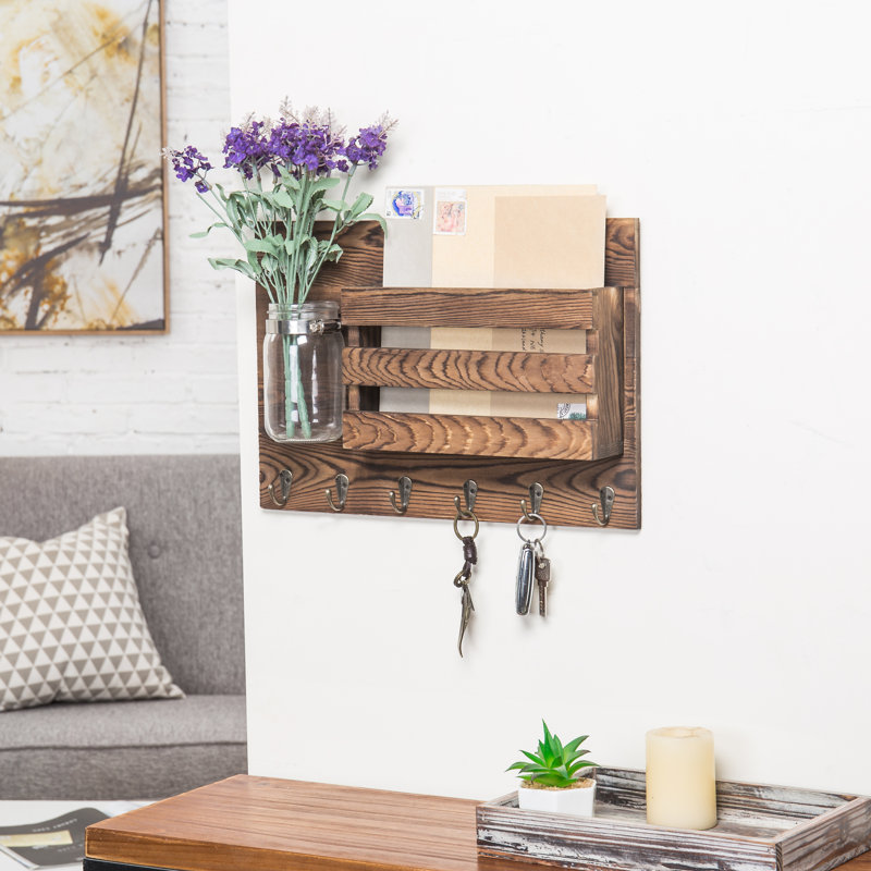 Wall Mail Organizer with Key Hooks and Vase