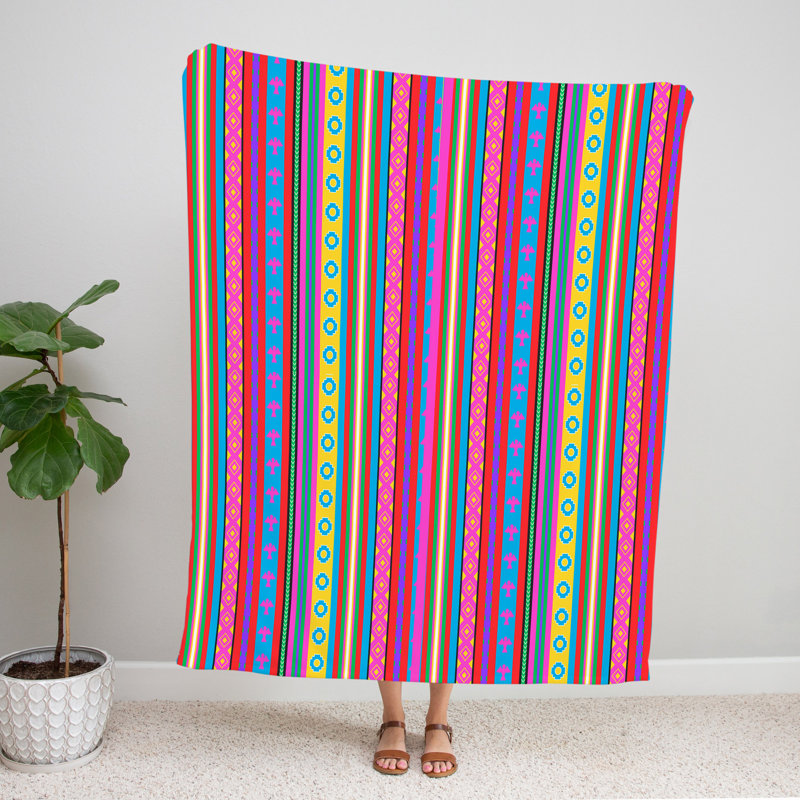 Throw Blanket, 68" W x 80" L, Striped, Pink/Blue/Yellow