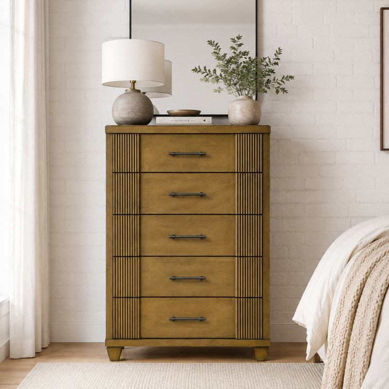 Shalyce 28.7" W Mid-Century Modern Fluted 5-Drawer Chest, Antique Oak