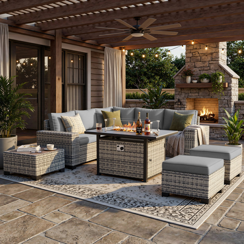 9-Piece Outdoor Modular Patio Conversation Set With Fire Pit Table, Sectional Sofa & Ottomans, Gray