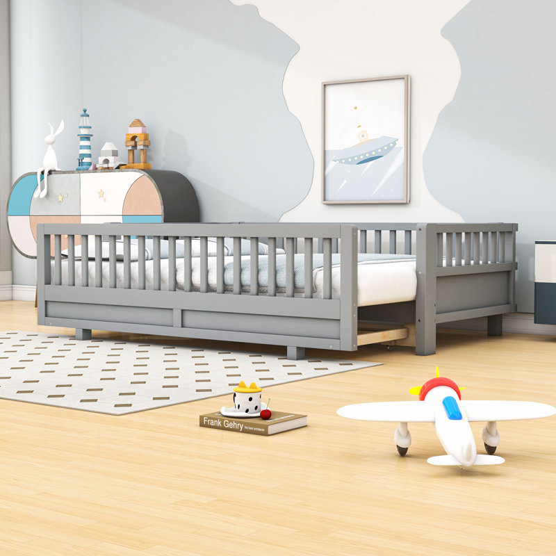 Expandable Wood Platform Bed With Guardrails And Slats, Gray, Twin