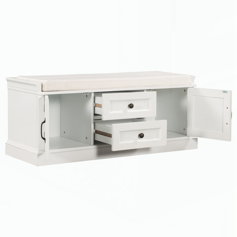 Banc de rangement avec 2 tiroirs et 2 armoires, banc à chaussures avec coussin amovible, Blanc