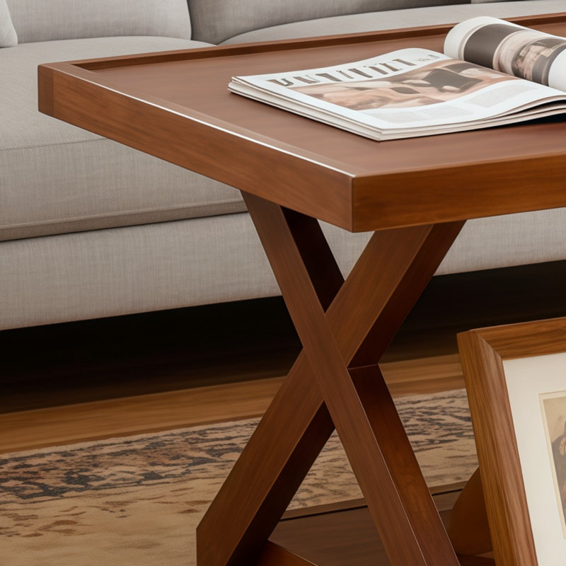 Base en X, table basse à double couche, placage de chêne massif et de noyer, avec rangement, convient au salon ou au bureau.