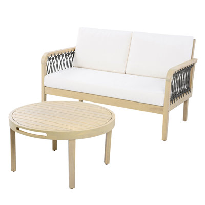 Ensemble de causeuse et de table basse d'extérieur en bois d'acacia avec corde tissée à la main, teck clair