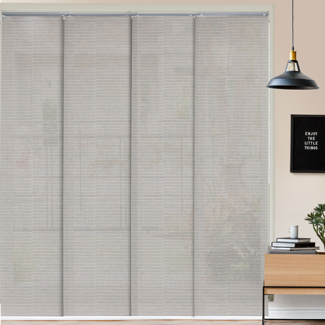 Sharmaine Deluxe Adjustable Sliding Panel Track Blind 45.8"- 86" W X 96" H, Extendable 4-Rail Track Track, Trimmable Natural Woven Fabric, Semi-Privacy, Ivory Dawn Symple Stuff