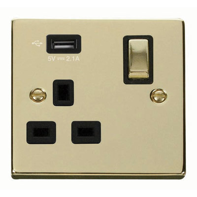 Polished Brass 1 Gang 13A DP Ingot 1 USB Switched Plug Socket