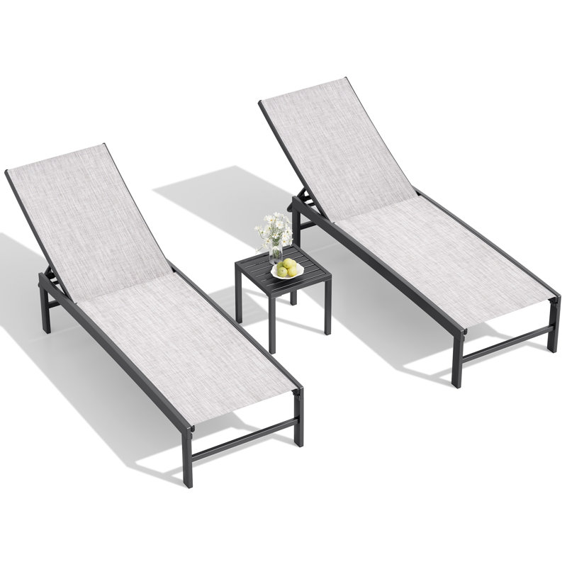 Patio Metal Reclining Chaise Lounge with Side Table, Earth