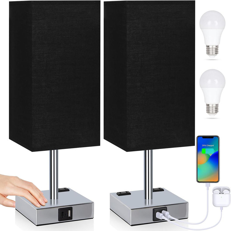 Set of 2 Touch Control Table Lamps with USB Ports, Silver, White