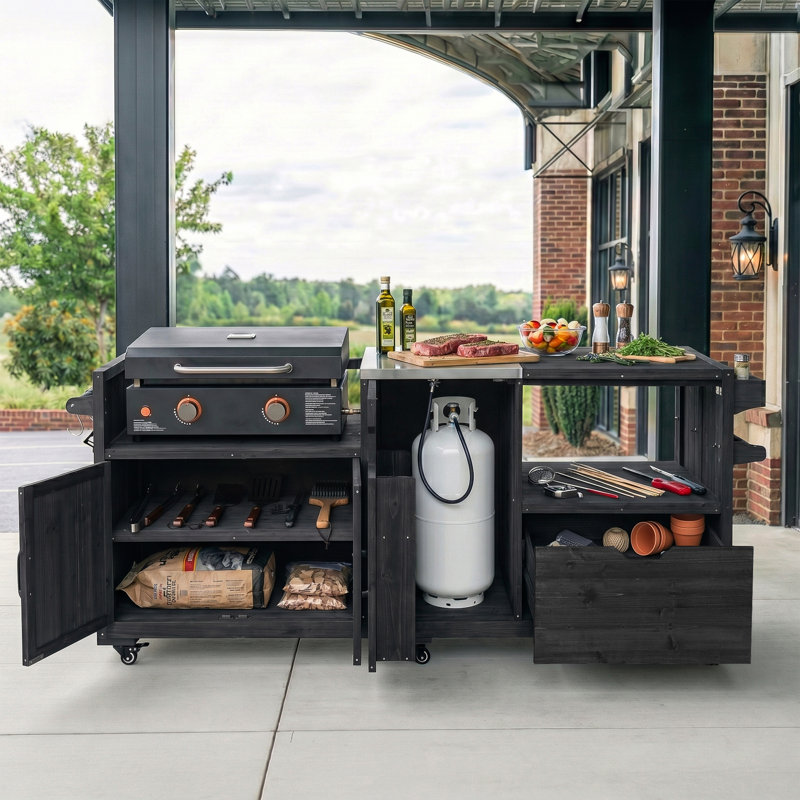 Grand îlot de cuisine sur roulettes de 80,5 po de largeur avec roulettes et plateau en acier inoxydable, chariot de barbecue en bois pour grand œuf vert et plaque chauffante Blackstone