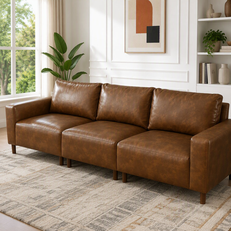 Canapé en cuir synthétique 112 po, 3, Brown-3 Seat