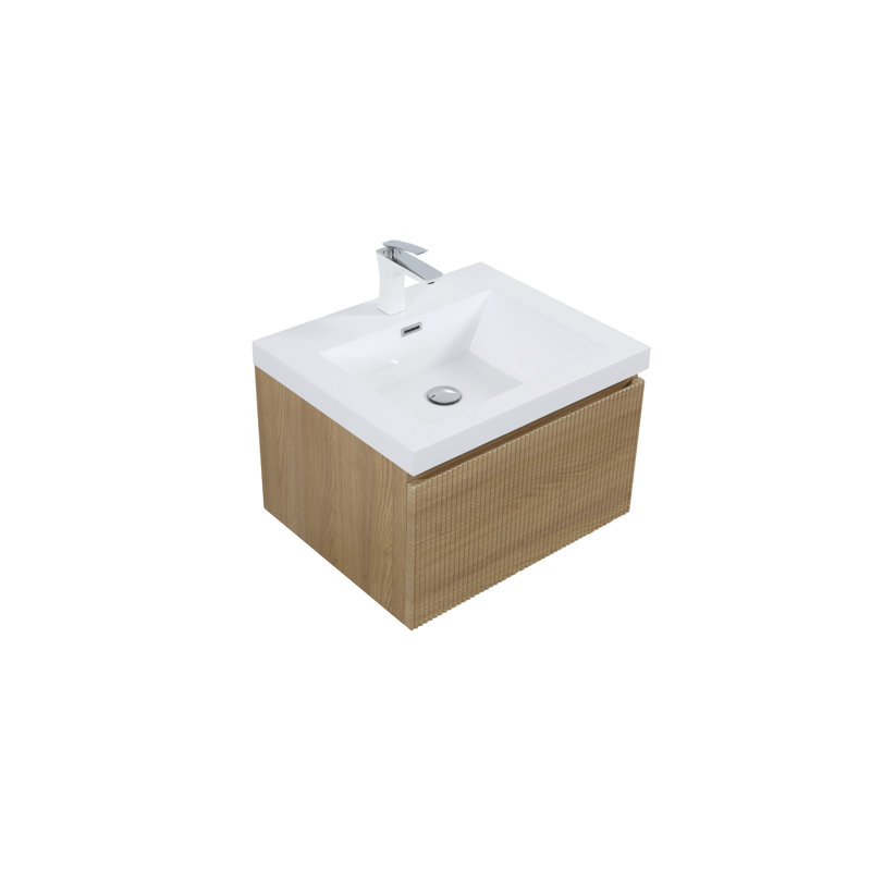 Meuble-lavabo mural avec lavabo à surface solide, Blanc, Bois de chêne naturel, 24"