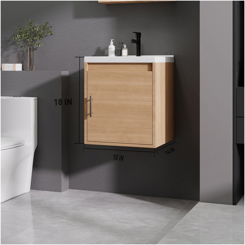 Meuble-lavabo 16 po avec lavabo en céramique et porte d'armoire à fermeture en douceur, fixation murale flottante, bonde escamotable, siphon inclus, blanc (sans robinet)