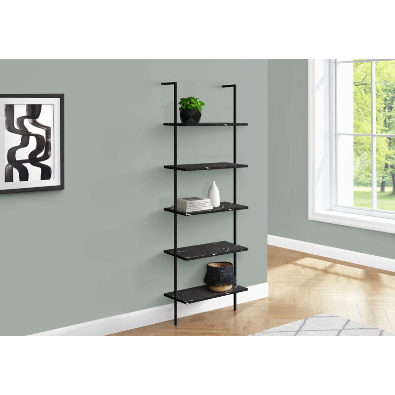 Bookshelf, Bookcase, Etagere, Ladder, 5 Tier, 72"H, Office, Bedroom, Marble Look Laminate, Black Metal, Contemporary, Modern
