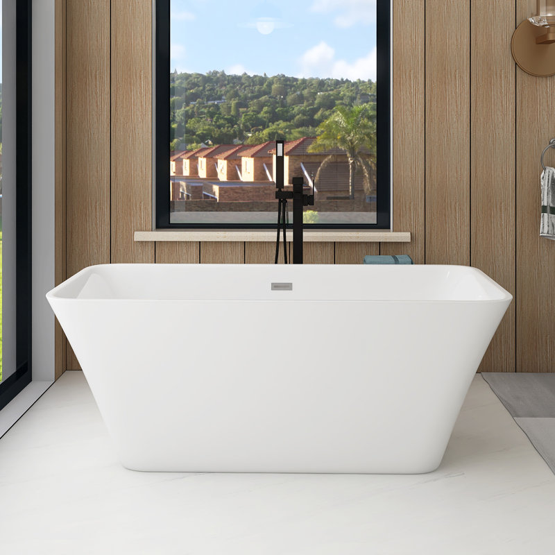 59" Freestanding Soaking Acrylic Bathtub In Gloss White
