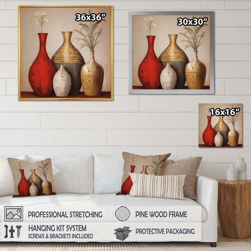 Cottage Vases rouges fleurs de blé séché I - art mural Boho Pottery pour le salon, H 36 po x l 36 po x P 1,5 po