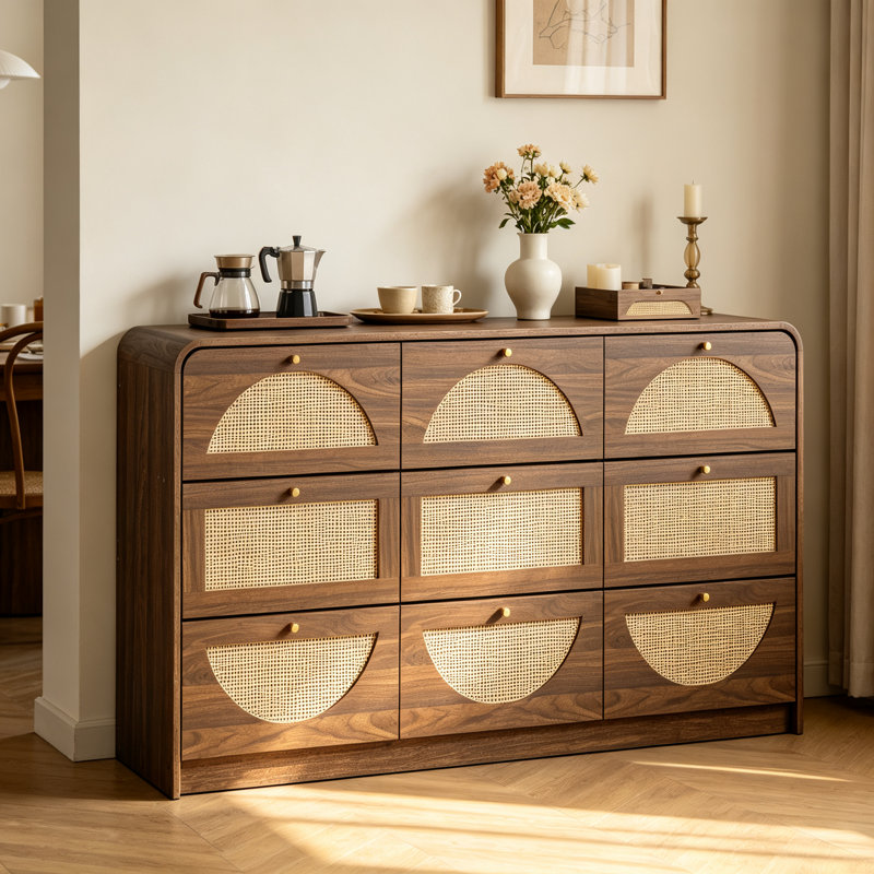 Commode bohème à 9 tiroirs en noyer, façade en rotin, 158 cm de large, pour chambre à coucher, Noyer