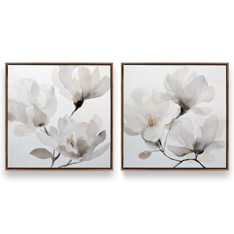 Ensemble de 2 impressions murales Whispered Magnolia, Cadre flottant en noyer, 12 po x 12 po