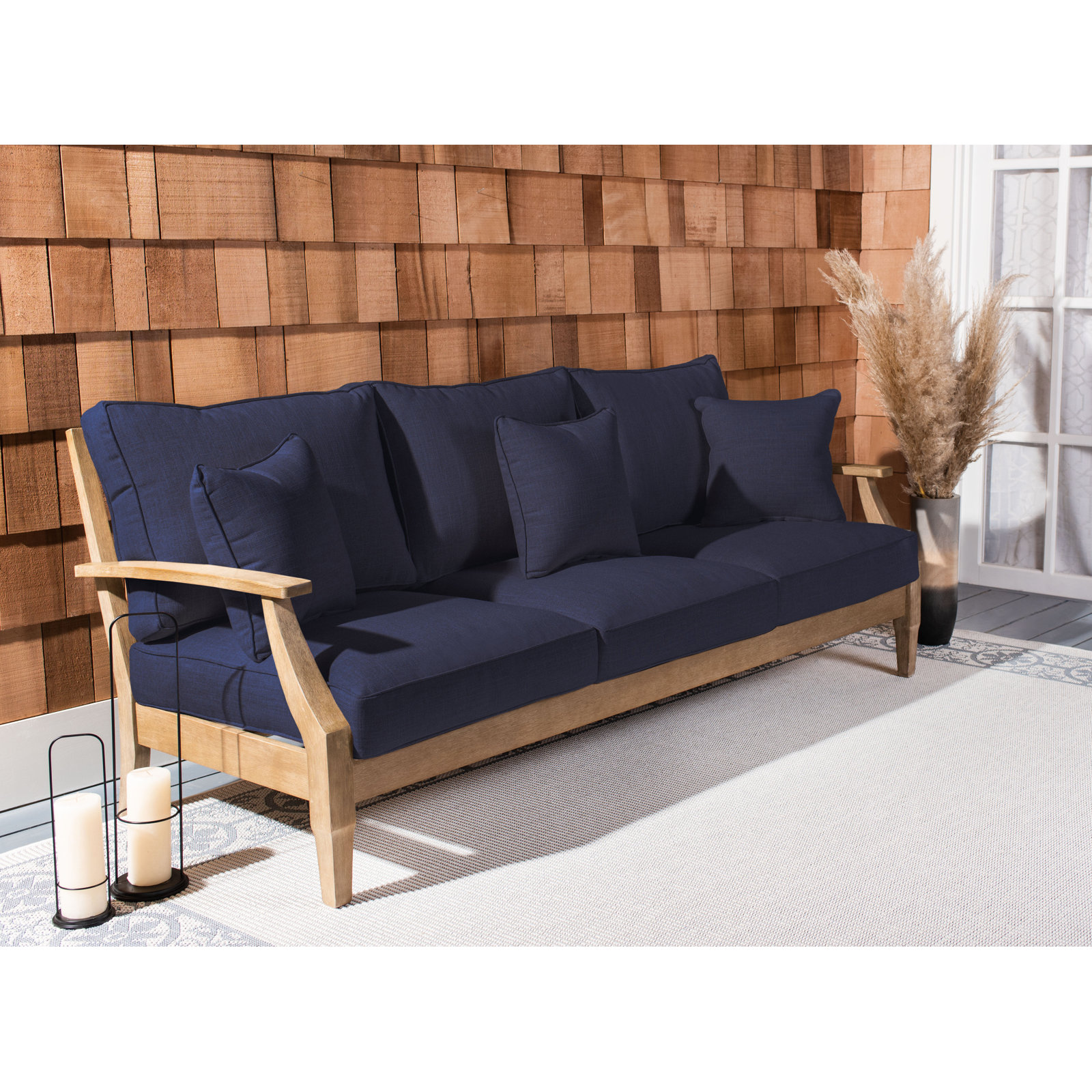 Samya 83'' Wide Outdoor Patio Sofa with Cushions, Natural/Navy