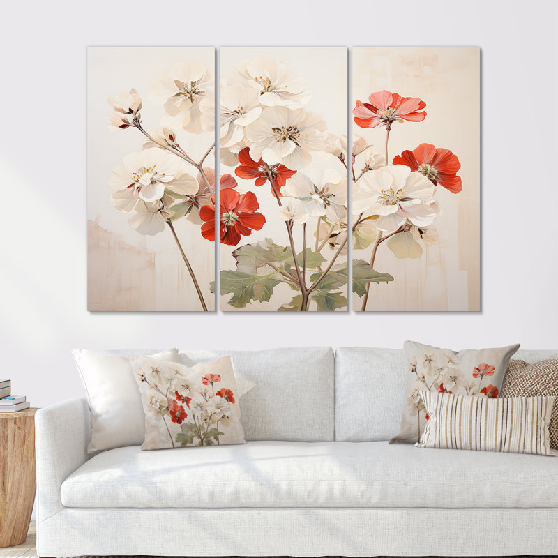 «Minimalisme rouge et beige géraniums», ensemble de reproductions d'art mural géraniums, H 40 po x l 60 po x P 1 po