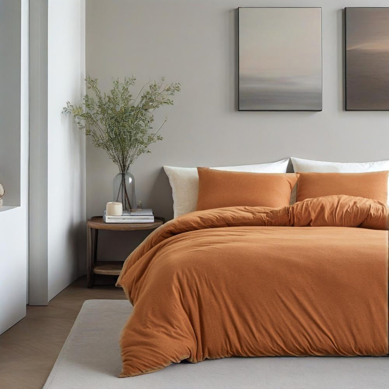 Ensemble de housse de couette 100% coton tricoté en jersey, Housse de couette pour lit simple + 1 taie d'oreil, Rouille
