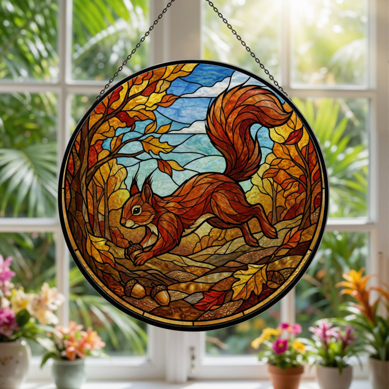 7.8"H Squirrel Autumn Stained Glass Window Panel, 7.8" H x 7.8" W
