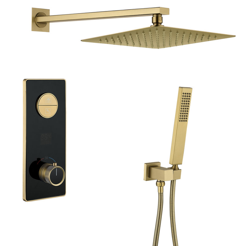 Wall Mounted Thermostatic Complete Shower System, Brushed Gold, Push Button