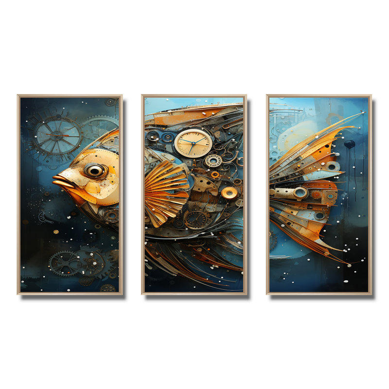 «Yellow Cubist Fish», art mural bleu, Cadre flottant brun, H 32 po x l 48 po