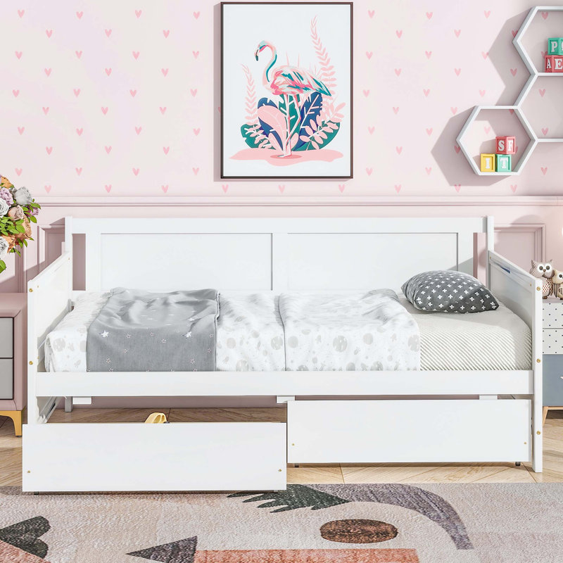 Twin Size Pine Wood Daybed with Two Storage Drawers, White