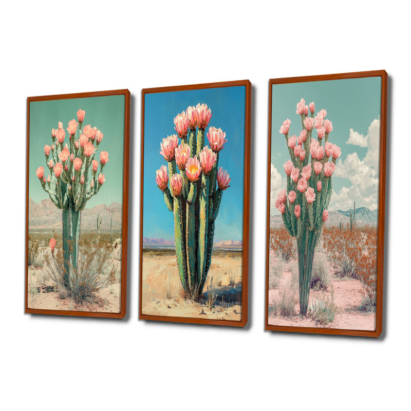 Pastel cactus en fleurs dans le désert I - ensemble de 3 cactus floraux, collection d'art mural, H 32 po x l 48 po, Brun