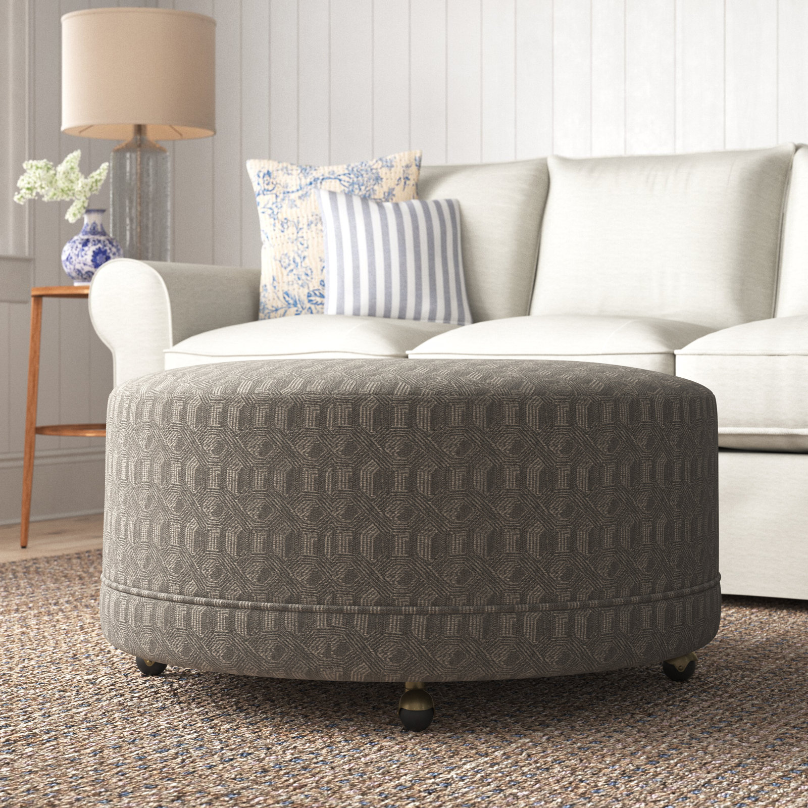 Ellwood 37'' Wide Round Geometric Cocktail Ottoman, Drusky Gray Performance