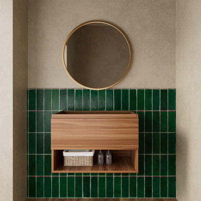 Wall-Mounted 30" Single Bathroom Vanity Base Only With Open Shelf In Natural Walnut (Sink Not Included)