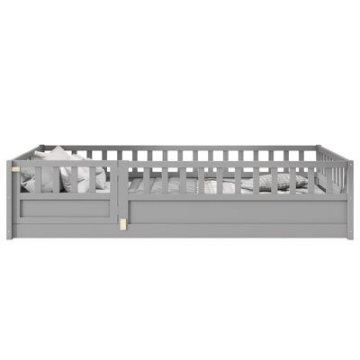 Lit sur pied, fabrication intégrale avec barrière de sécurité, porte, cadre de lit pour enfants, lit de plancher en bois pour enfants Montessori, lattes de soutien