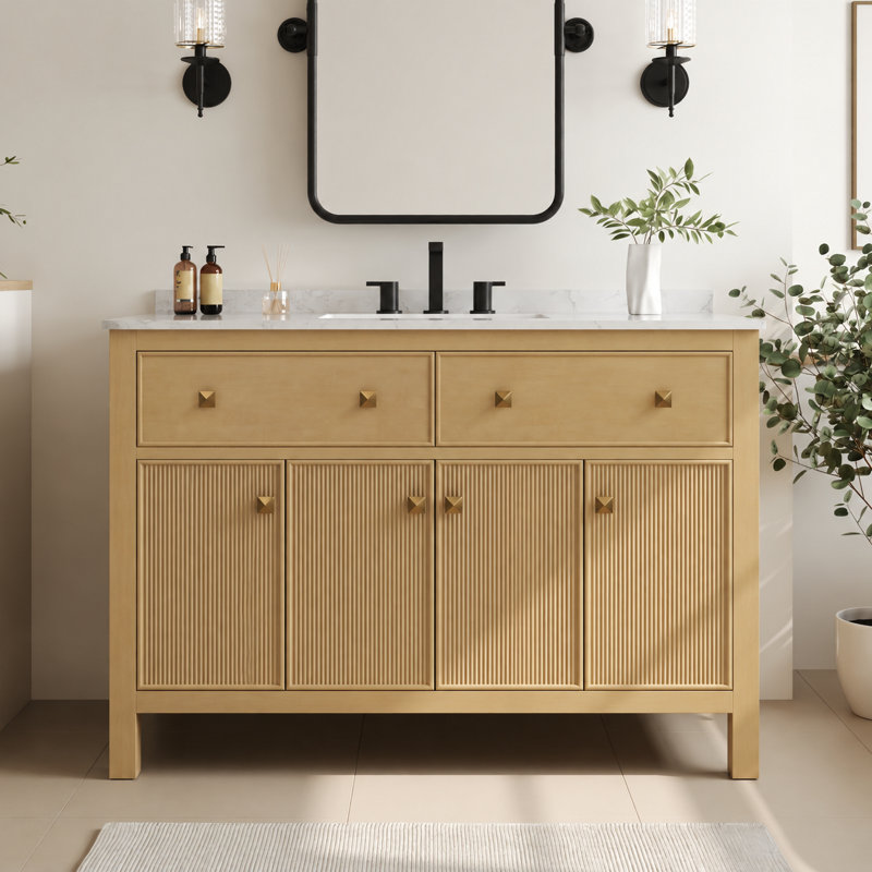 Meuble-lavabo simple 48 po avec dessus en marbre d'ingénierie, fermeture en douceur et protection anti-éclaboussures Lignum