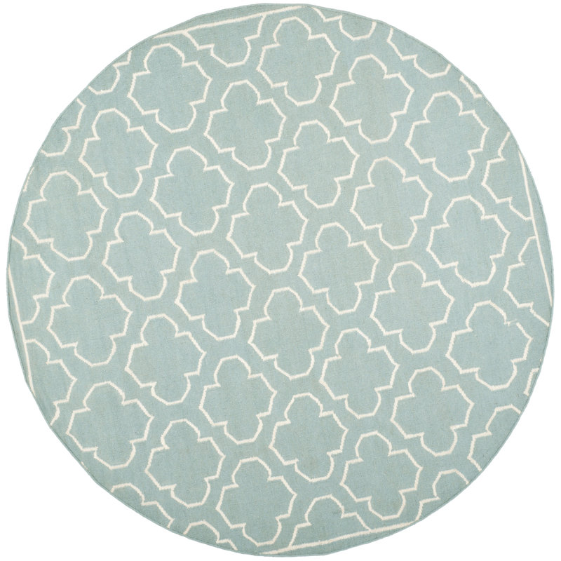 Rodgers Hand Woven Flat Weave Banana Silk/Wool/Cotton Geometric Rug in Blue, Round 7'