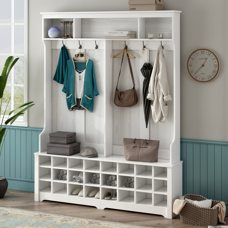 Hall Tree 60'' Wide with Bench and Shoe Storage, White