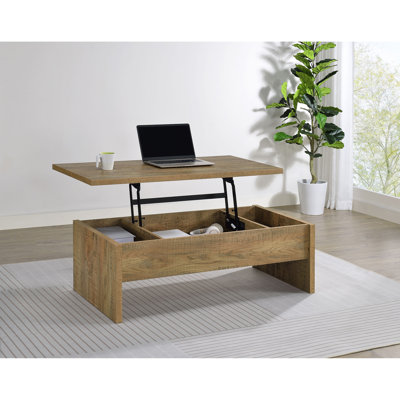 Table basse à plateau relevable Mango, l 47,2 po x P 23,5 po x H 17,2 po, panneau de fibres à densité moyenne, panneau en nid d'abeille, métal, panneau de particules, papier mélamine, 1 pièce, table de bout, bois, table basse sur le dessus avec un mécanisme de pop-up lisse