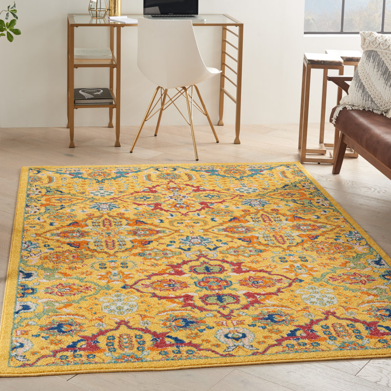 Tapis jaune à motif floral Weirton, Rectangle 9 pi x 12 pi