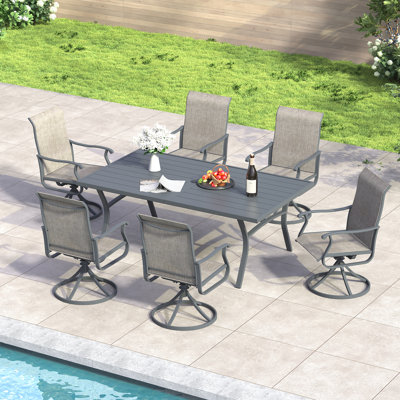 6-Person Patio Dining Set with 63" Metal Curved Dining Table and PVC-coated polyester Swivel Dining Chairs