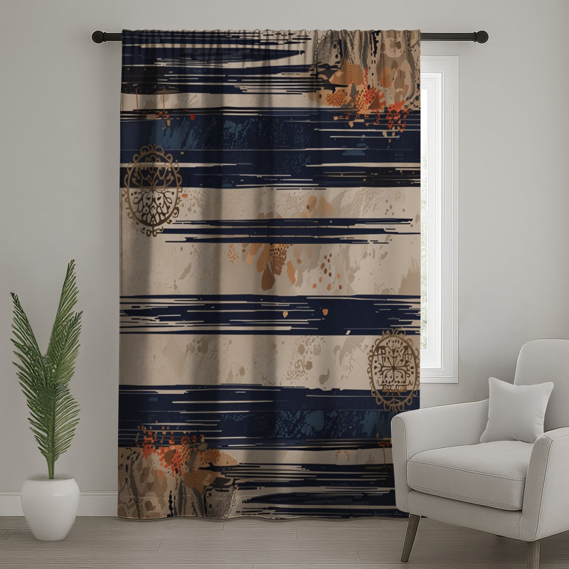 Rideaux de fenêtre à rayures bleu marine et beige à motif rayé - 1 panneau, 50 po x 80 po - 1 panneau, Transparent