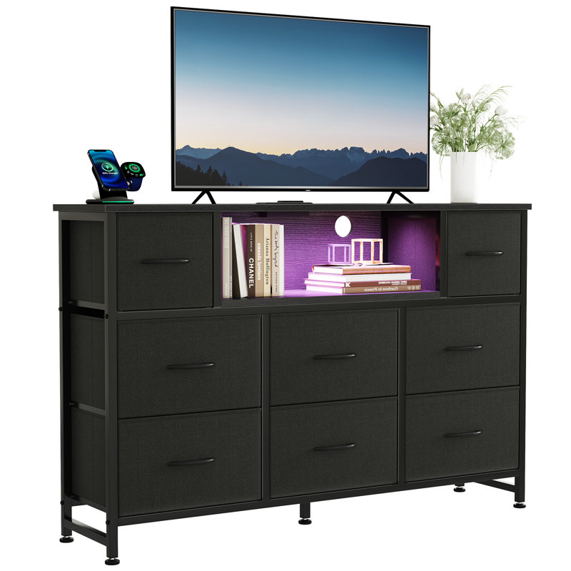 Multi-Functional TV Stand with 8 Drawers & LED Lights, Black