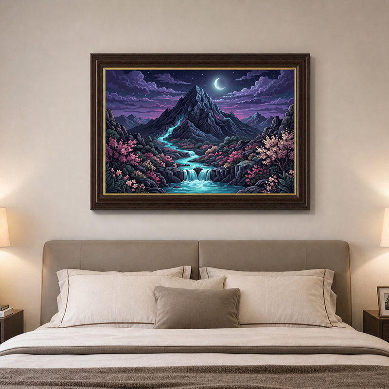 Croissant de lune, cascade de montagne mauve avec arbres roses, art mural sur toile, 12"H x 18"W