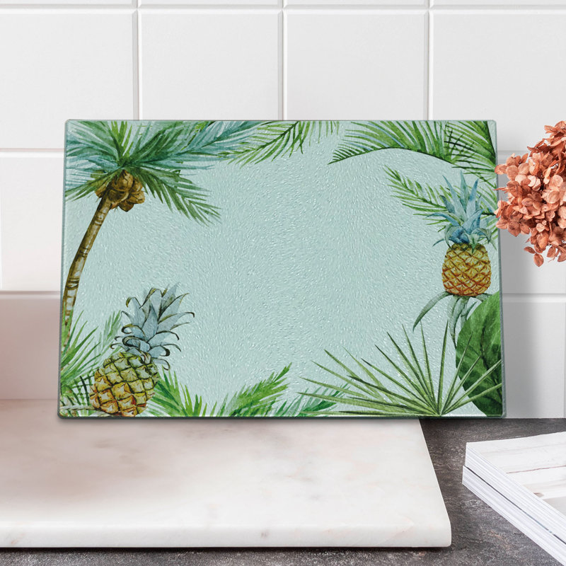 Ambesonne Tropical Tempered Glass Cutting Board Frame Style Palm Trees Multicolor