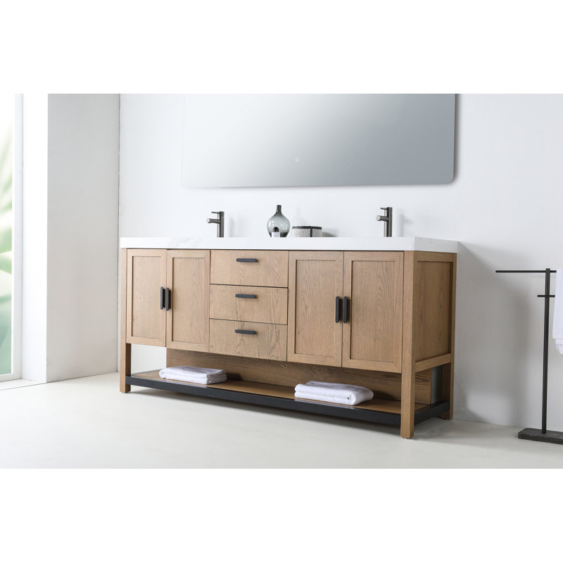 Winchester 72'' Natural Wood Veneer Plywood Bathroom Vanity with Engineered Quartz Top, Pecan Oak, White