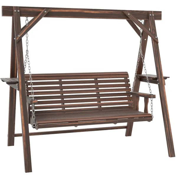 Balancelle en bois 3 places avec support, balançoire de patio avec tables d'appoint, pour jardin, bord de piscine, cour, brun carbonisé