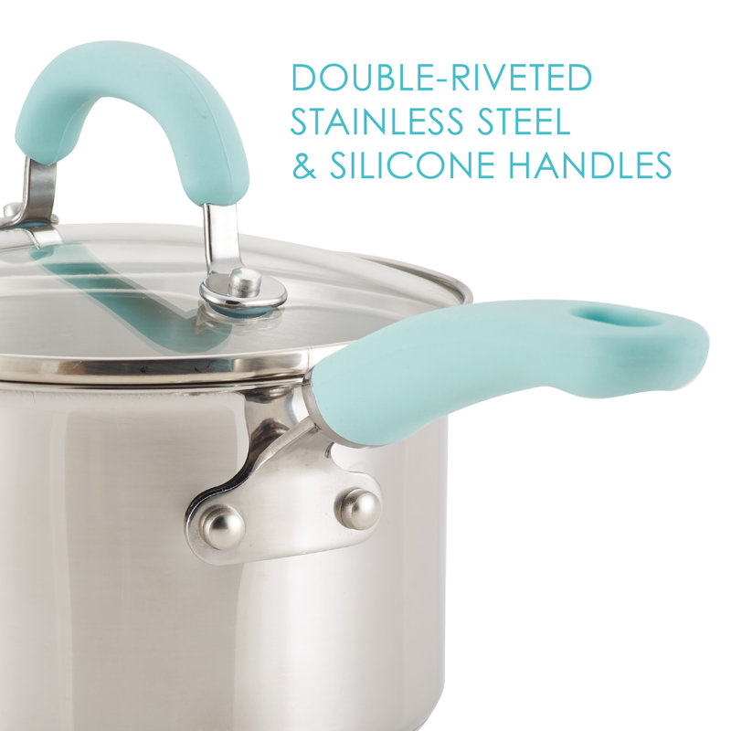 10-Piece Stainless Steel Cookware Set with Light Blue Handles
