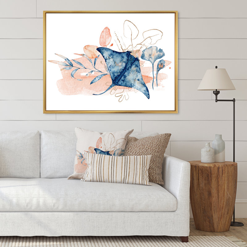 «Ray Fish in Blue with Floral Composition», reproduction sur toile, H 24 po x l 32 po x P 1 po, Cadre photo doré