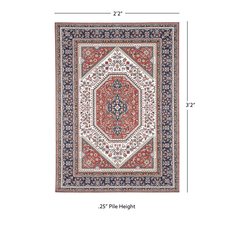 Breedlove Traditional Machine Woven Flatweave Red and Navy Area Rug with Non Skid Backing, Rectangle 2'2'' x 3'2''