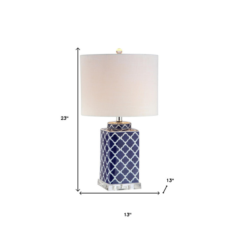 23" Clear Navy Blue And White Geometric Table Lamp With Drum Shade