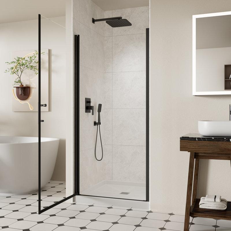 32-33.4" W x 72" H Frameless Shower Door, Pivot Shower Glass Doors with 1/4" (6mm) Clear SGCC Tempered Glass, Matte Black Swing Shower door out of Plumb Adjustability